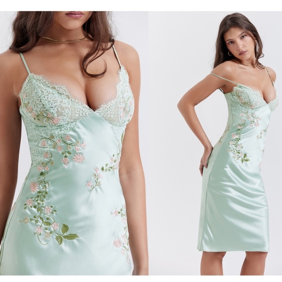 HOUSE OF CB XL D-DD  'Fallon' Light Jade Embroidered floral Slip Dress NWOT - Picture 15 of 16